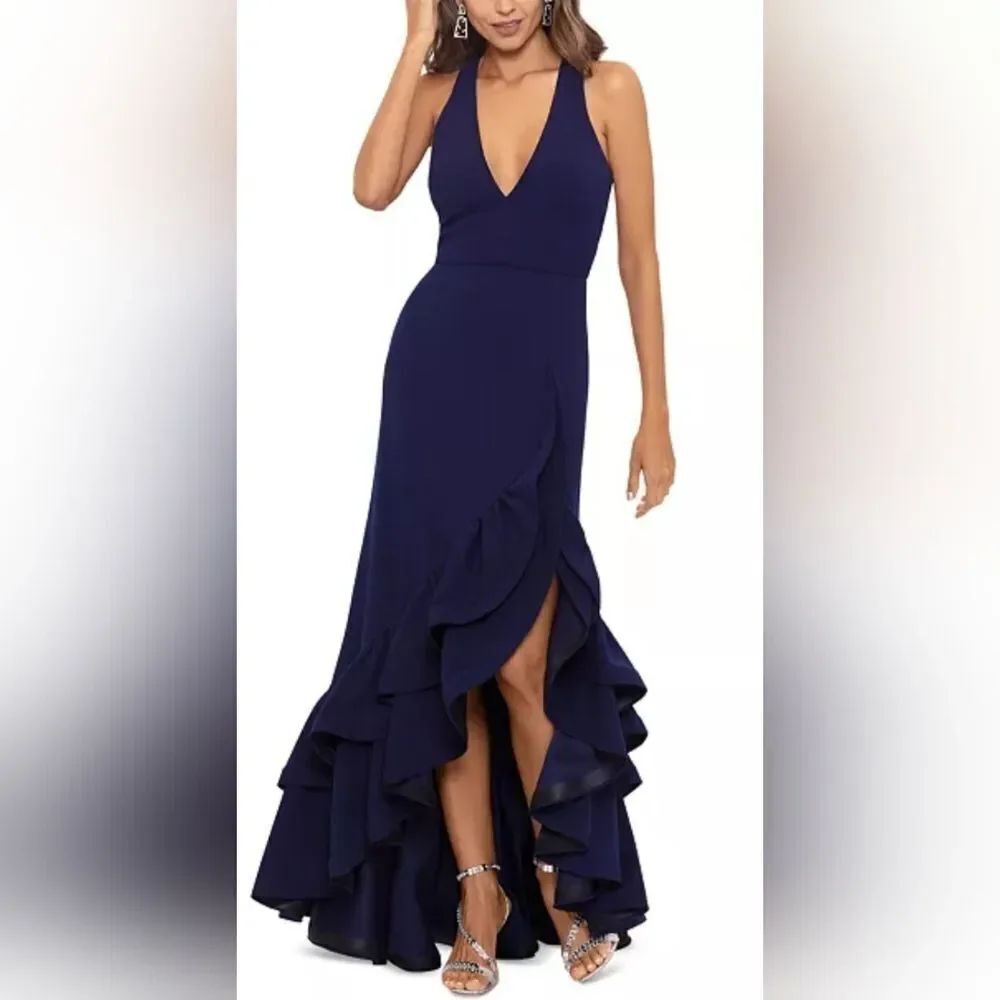 Betsy & Adam Ruffle Tier Scuba Crepe Dress NWT Size 12 Navy Blue